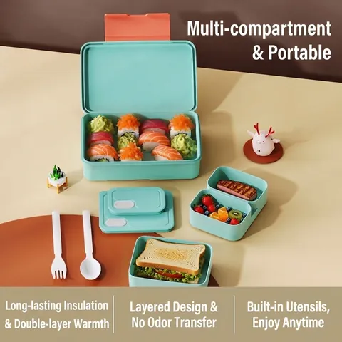 Boîte à Déjeuner Bento Portable avec Compartiments en PP de Qualité Alimentaire Compatible Micro-ondes pour Enfants Étudiants École Bureau