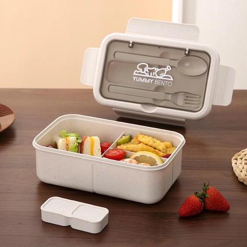 Fiambrera Bento Dividida Portátil Para Adultos Estudiantes Recipiente De Alimentos Apto Para Microondas Con Utensilios Diseño De Paja De Trigo