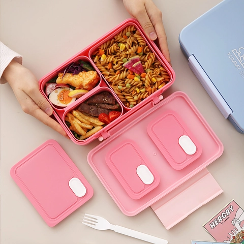 Boîte Bento Divisée Portable Plastique Silicone Étanche Compatible Micro-ondes Conteneur Déjeuner Poignée Cuillère Fourchette Pour École Bureau