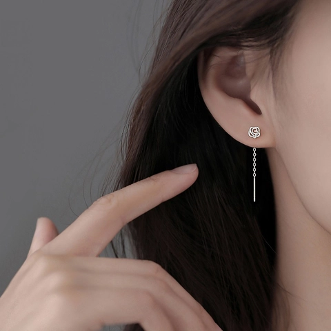 Rose Flower Long Tassel Dangle Earrings With 925 Sterling Silver Earring Post Copper Hollow Floral Ear Threaders For Women
