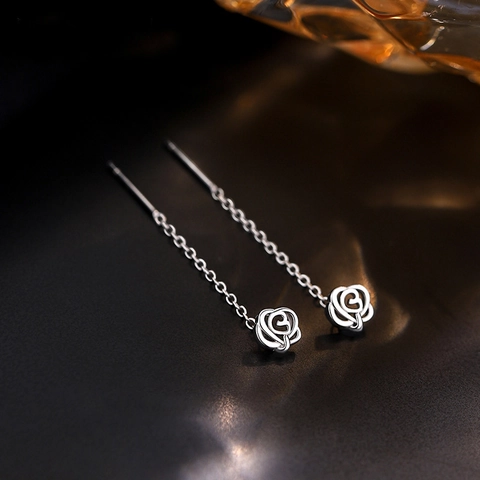 Rose Flower Long Tassel Dangle Earrings With 925 Sterling Silver Earring Post Copper Hollow Floral Ear Threaders For Women