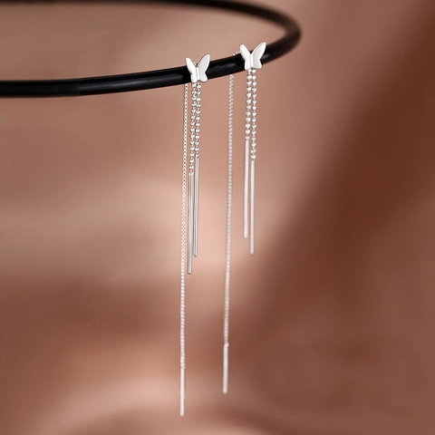 Butterfly Tassel Ear Threader Earrings Copper With 925 Sterling Silver Earring Post Long Chain Drop Elegant Jewelry