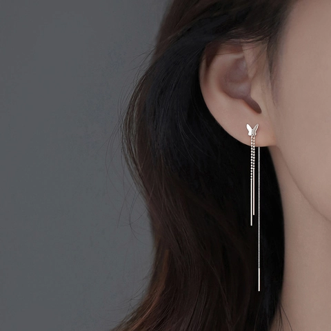 Butterfly Tassel Ear Threader Earrings Copper With 925 Sterling Silver Earring Post Long Chain Drop Elegant Jewelry