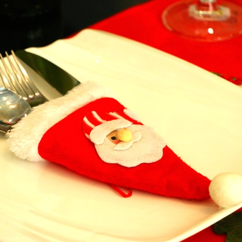 Sacca per Posate a Forma di Cappello di Natale Con Babbo Natale e Pupazzo di Neve per Tavola delle Feste Decorazione