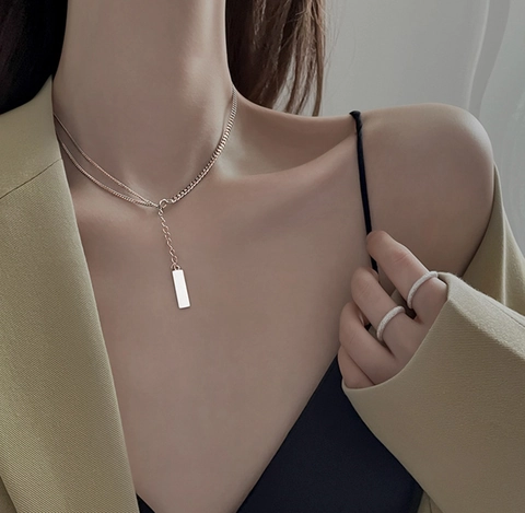 Collier Double Couche Asymétrique En Cuivre Avec Pierre Précieuse Rectangulaire Noire Rétro Hip Hop Chaîne De Clavicule Argent