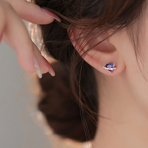 Orecchini A Lobo Cuore Con Perno Argento Sterling 925 Rame Zirconia Sfumato Blu Viola Pianeta Stella Da Sogno