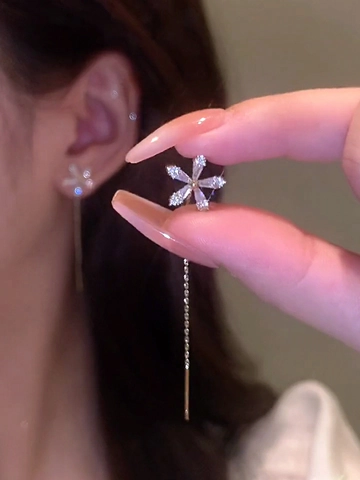 Flower Crystal Zircon Long Tassel Ear Thread Earrings With 925 Sterling Silver Earring Post Copper Elegant Jewelry Women