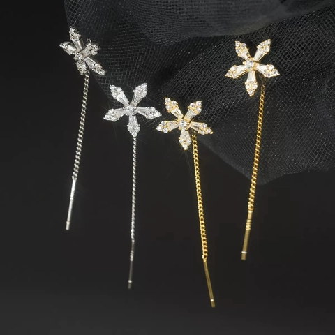 Flower Crystal Zircon Long Tassel Ear Thread Earrings With 925 Sterling Silver Earring Post Copper Elegant Jewelry Women