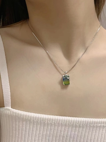 Rectangular Gradient Stone Necklace For Women Melting Liquid Metal Design Copper Micro Paved Zircon Pendant Luxury Elegant Jewelry