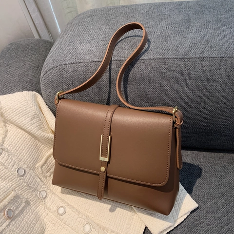 Bolso Bandolera de Cuero PU Vintage para Mujer con Solapa Rectangular Bolso de Hombro Cuadrado Hebilla de Metal Dorado