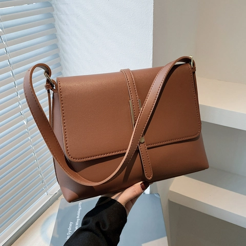 Bolso Bandolera de Cuero PU Vintage para Mujer con Solapa Rectangular Bolso de Hombro Cuadrado Hebilla de Metal Dorado