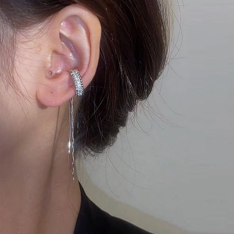 Copper Tassel Ear Cuff Micro Paved Zircon Non Pierced Long Dangle Geometric Jewelry Gift For Women Minimalist Style