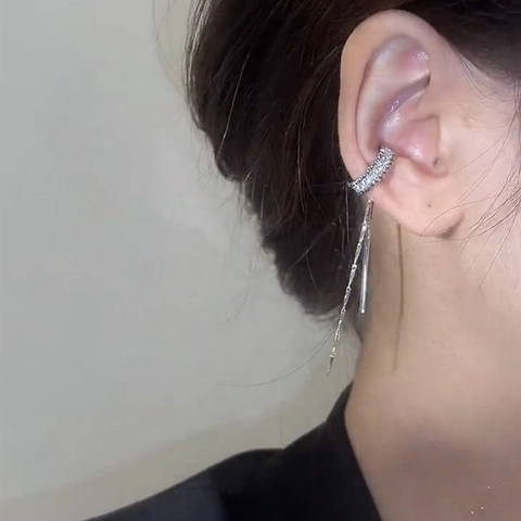 Copper Tassel Ear Cuff Micro Paved Zircon Non Pierced Long Dangle Geometric Jewelry Gift For Women Minimalist Style