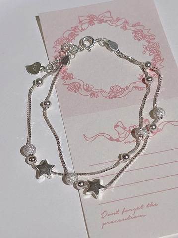 Double Layer 925 Sterling Silver Bracelet With Star Charms And Round Beads Minimalist Sweet Style For Women