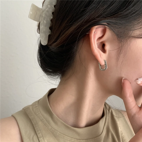 Vintage U-Förmige Creolen Retro Graffiti Graviert Kupfer Mit 925 Sterling Silber Ohrstecker Für Damen