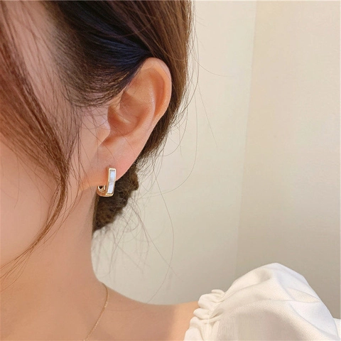 Geometric Rectangular Hoop Earrings Gold Plated Brass With Mother Of Artificial Pearl Inlay Minimalist Luxury Style For Women