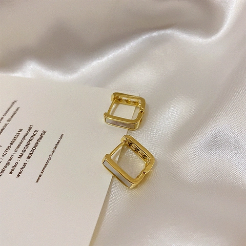Geometric Rectangular Hoop Earrings Gold Plated Brass With Mother Of Artificial Pearl Inlay Minimalist Luxury Style For Women