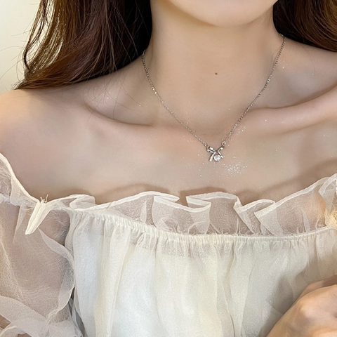 Collana Pendente Fiocco Zircone Cuore Rame Elegante Minimalista Catena Clavicola Gioielli Per Donne