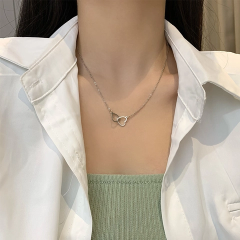 Interlocking Double Heart Pendant Halskette Mit Kupferkette Und Silberanhänger Elegantes Schmuckstück Für Damen Geschenk