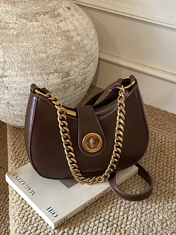 Vintage PU Leather Half Moon Underarm Bag For Women Fashion Gold Chain Crossbody Shoulder Bag With Circle Twist Lock Hobo Bag