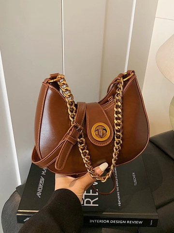 Vintage PU Leather Half Moon Underarm Bag For Women Fashion Gold Chain Crossbody Shoulder Bag With Circle Twist Lock Hobo Bag