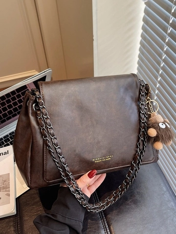 Bolso de Hombro Bandolera de Cuero PU Vintage para Mujer Tote de Gran Capacidad Con Correa de Cadena y Colgante de Peluche