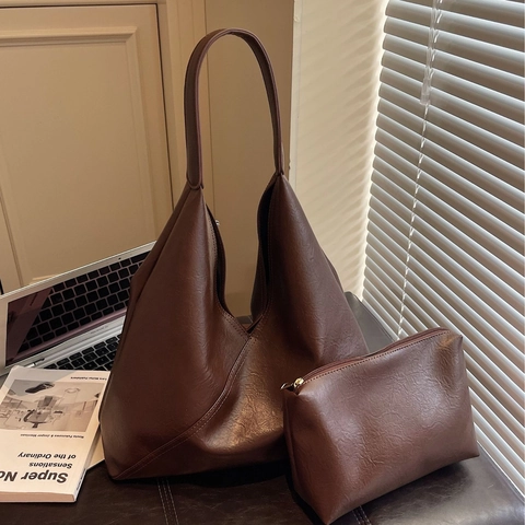 Ensemble de Sac Cabas en Cuir PU Vintage pour Femmes Grande Capacité Avec Pochette Assortie Sac Hobo Épaule Rétro