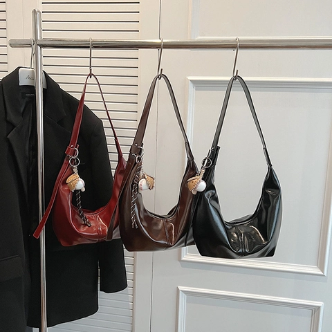Women Retro Glossy Synthetic Leather Hobo Bag With Baseball Charm Large Capacity Half Moon Underarm Shoulder Crossbody Bag