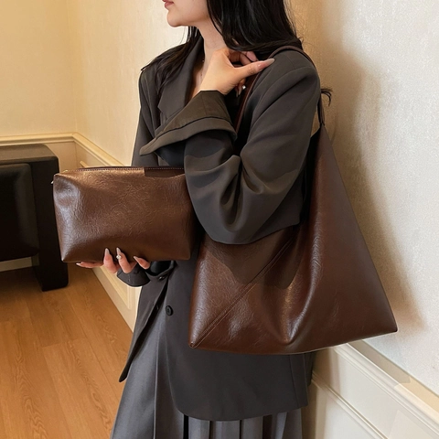 Ensemble de Sac Cabas en Cuir PU Vintage pour Femmes Grande Capacité Avec Pochette Assortie Sac Hobo Épaule Rétro