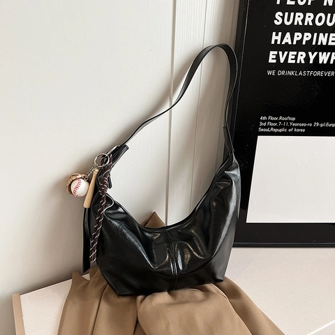 Women Retro Glossy Synthetic Leather Hobo Bag With Baseball Charm Large Capacity Half Moon Underarm Shoulder Crossbody Bag