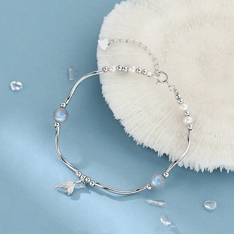 Bracciale Di Künstliche Perle A Coda Di Pesce Minimalista Con Pietra Di Luna Argento Sterling 925 Tema Oceano Gioielli Donna