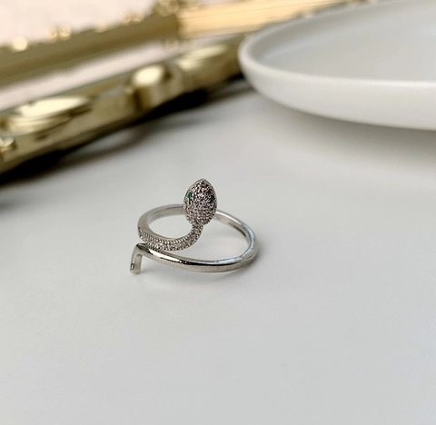 Schlangen Wickelring Kupfer Versilbert Grünes Auge Weißer Zirkonia Verstellbar Tier Schmuck Damen Chic