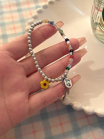 Perlenarmband Bunte Kristall Kupfer Versilbert Blumenanhänger Glücksschild Quaste Verstellbar Schmuck Damen