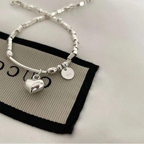 Geometrische Quadratperlen Herzanhänger Armband S925 Sterlingsilber Minimalistischer Süßer Cooler Schmuck Für Frauen