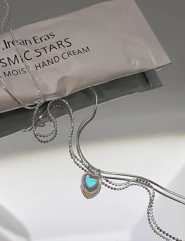 Mehrlagige Herz Anhänger Halskette Versilbertes Kupfer Mit Irisierendem Mondstein Schmuck Für Damen