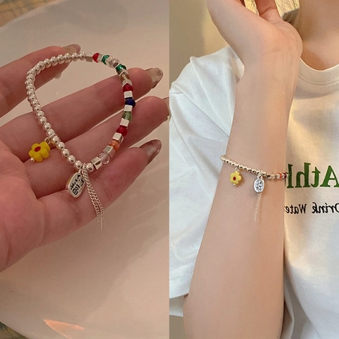 Perlenarmband Bunte Kristall Kupfer Versilbert Blumenanhänger Glücksschild Quaste Verstellbar Schmuck Damen