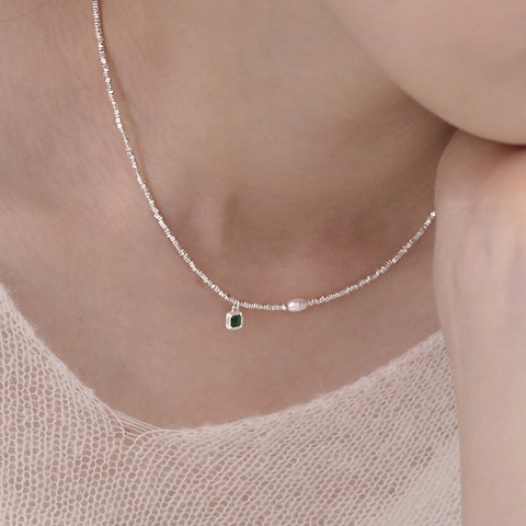 Collana In Rame Con Pietra Preziosa Verde Quadrata E Ciondolo In Perla Artificial Sintetica Elegante Collana Con Perline Argentate Irregolari