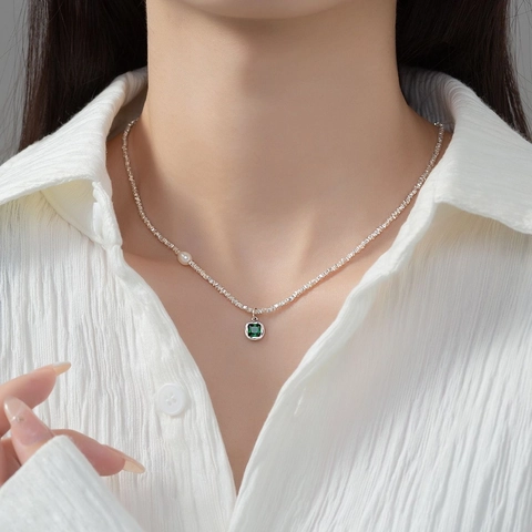 Collana In Rame Con Pietra Preziosa Verde Quadrata E Ciondolo In Perla Artificial Sintetica Elegante Collana Con Perline Argentate Irregolari