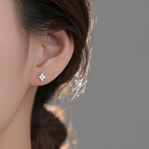 Orecchini A Lobo Stella Mini Con Perno In Argento Sterling 925 Rame Minimalista Zircone Piccola Stella A Quattro Punte Donna