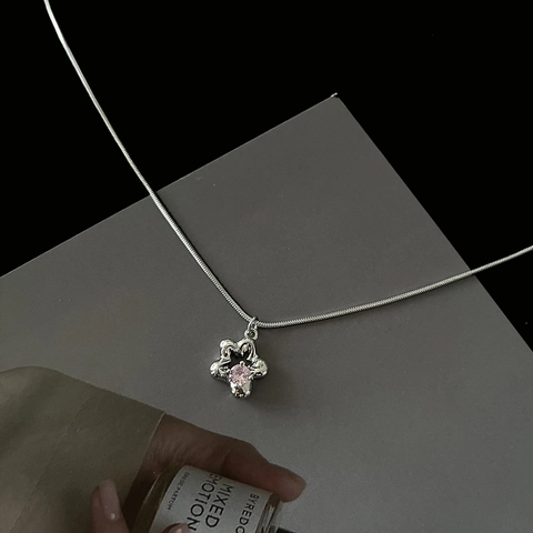 Roze Zirkoon Bloem Hanger Ketting Koper Hol Bloemen Slangenketting Zoet Cool Minimalistische Sieraden Voor Dames