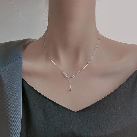 Wheat Ear Leaf Pendant Necklace Silver Plated Copper Marquise Zircon Y-Shaped Tassel Clavicle Chain Elegant Jewelry