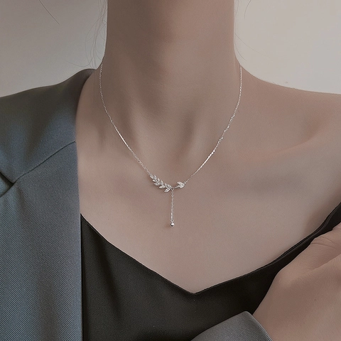 Wheat Ear Leaf Pendant Necklace Silver Plated Copper Marquise Zircon Y-Shaped Tassel Clavicle Chain Elegant Jewelry