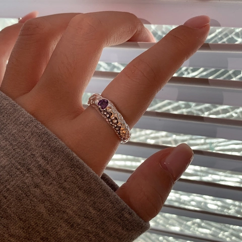 Vintage Hammered Open Ring With Purple Heart Zircon 925 Sterling Silver Plated Adjustable Jewelry For Women