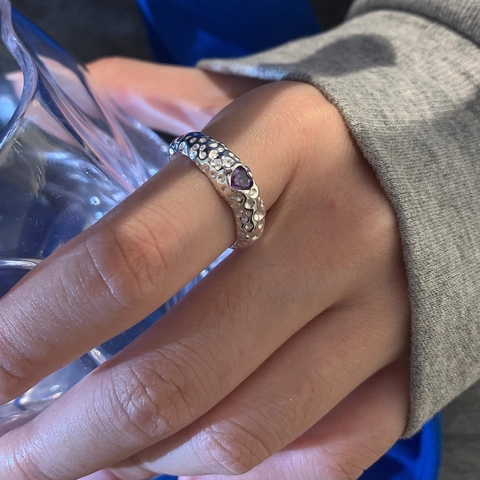 Vintage Hammered Open Ring With Purple Heart Zircon 925 Sterling Silver Plated Adjustable Jewelry For Women