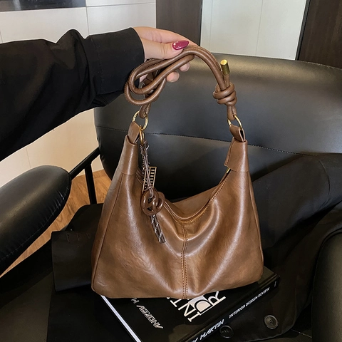 Retro Hobo Shoulder Bag Large Capacity PU Leather Underarm Tote With Knot Strap Gold Hardware Women Commuting Solid Color