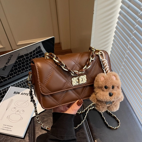 Women Quilted Crossbody Bag Synthetic Leather Chain Shoulder Bag Square Fashion Handbag With Plush Animal Pendant For Lady