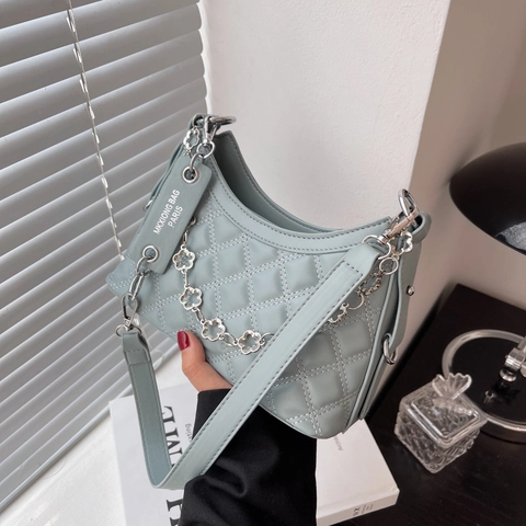 Women Quilted Shoulder Bag Floral Chain PU Leather Underarm Crossbody Bag Fashion Rhombic Pattern Small Square Bag