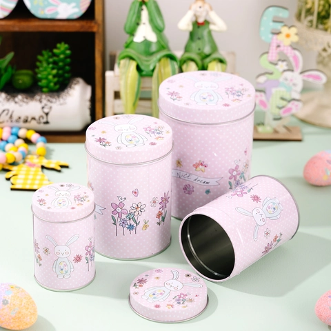 Ostern Runde Metall Weißblech Vorratsdosen Cartoon Hase Rosa Punktiert Süßigkeiten Geschenkbox Deko