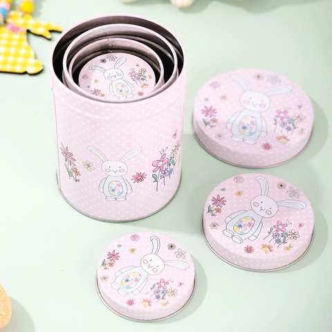 Easter Pink Rabbit Tinplate Storage Box Set Cartoon Bunny Floral Pattern Round Metal Candy Gift Tins For Home Party Decor