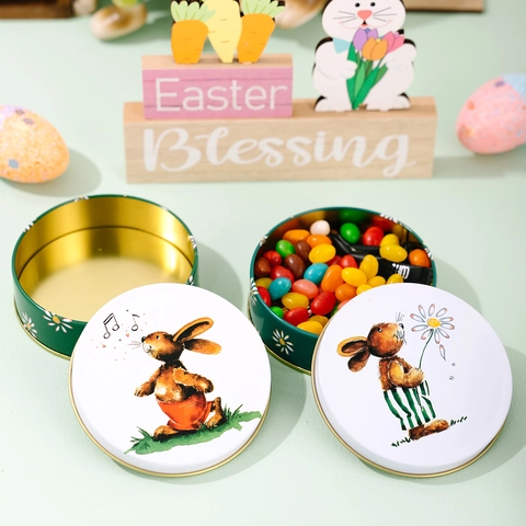 Round Easter Rabbit Tinplate Candy Box Cartoon Daisy Metal Storage Tin For Gift Packaging Holiday Party Supplies